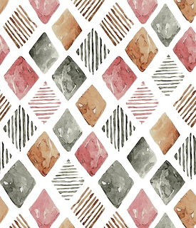 Watercolor pattern of pink, brown, and gray diamond shapes with striped diamonds on white background