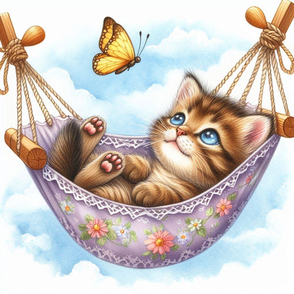 Orange tabby kitten lying in decorative purple hammock with butterfly above