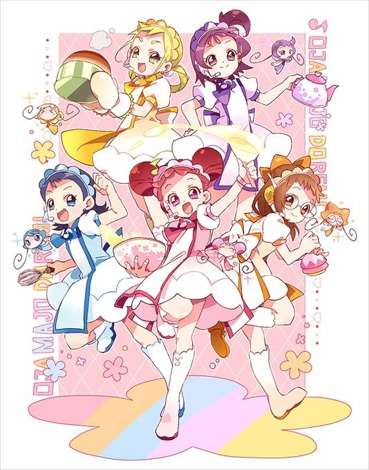 Five anime magical girls in colorful outfits with sweets and sparkles