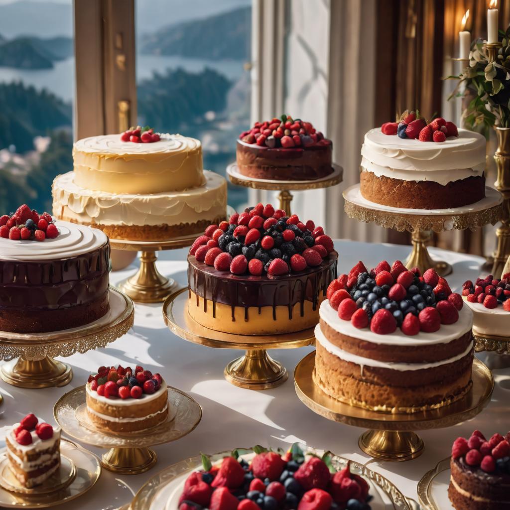 Multiple layered cakes decorated with fresh berries displayed on gold cake stands by a window