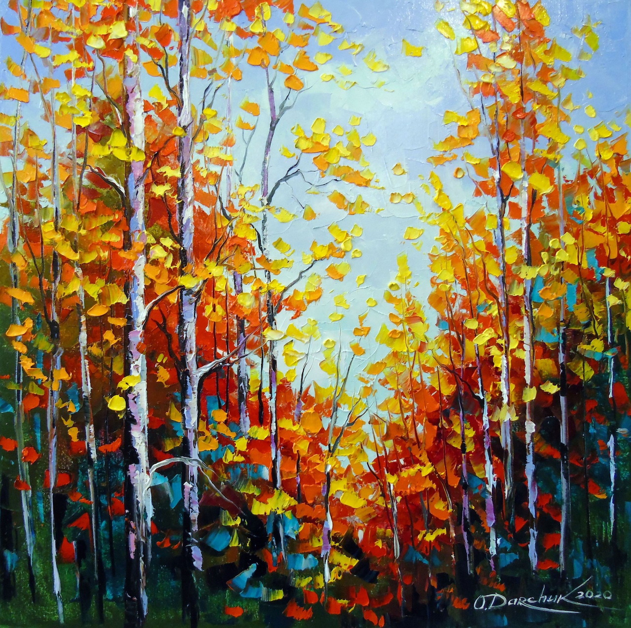 Colorful impressionist painting of birch trees with autumn leaves in gold, orange, and red tones