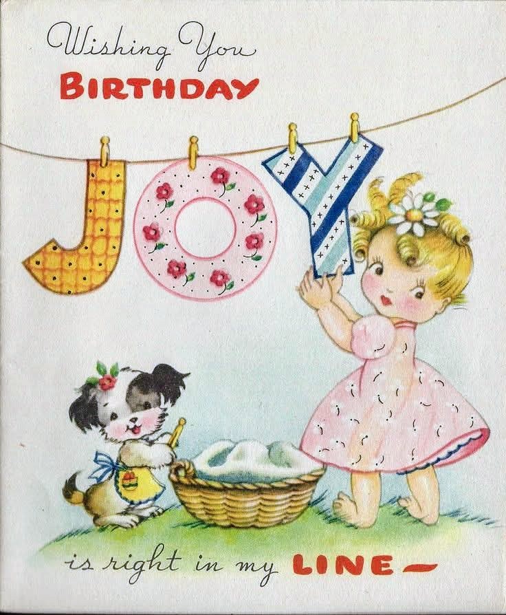 Vintage birthday card with girl hanging JOY letters on clothesline, puppy and duck watching
