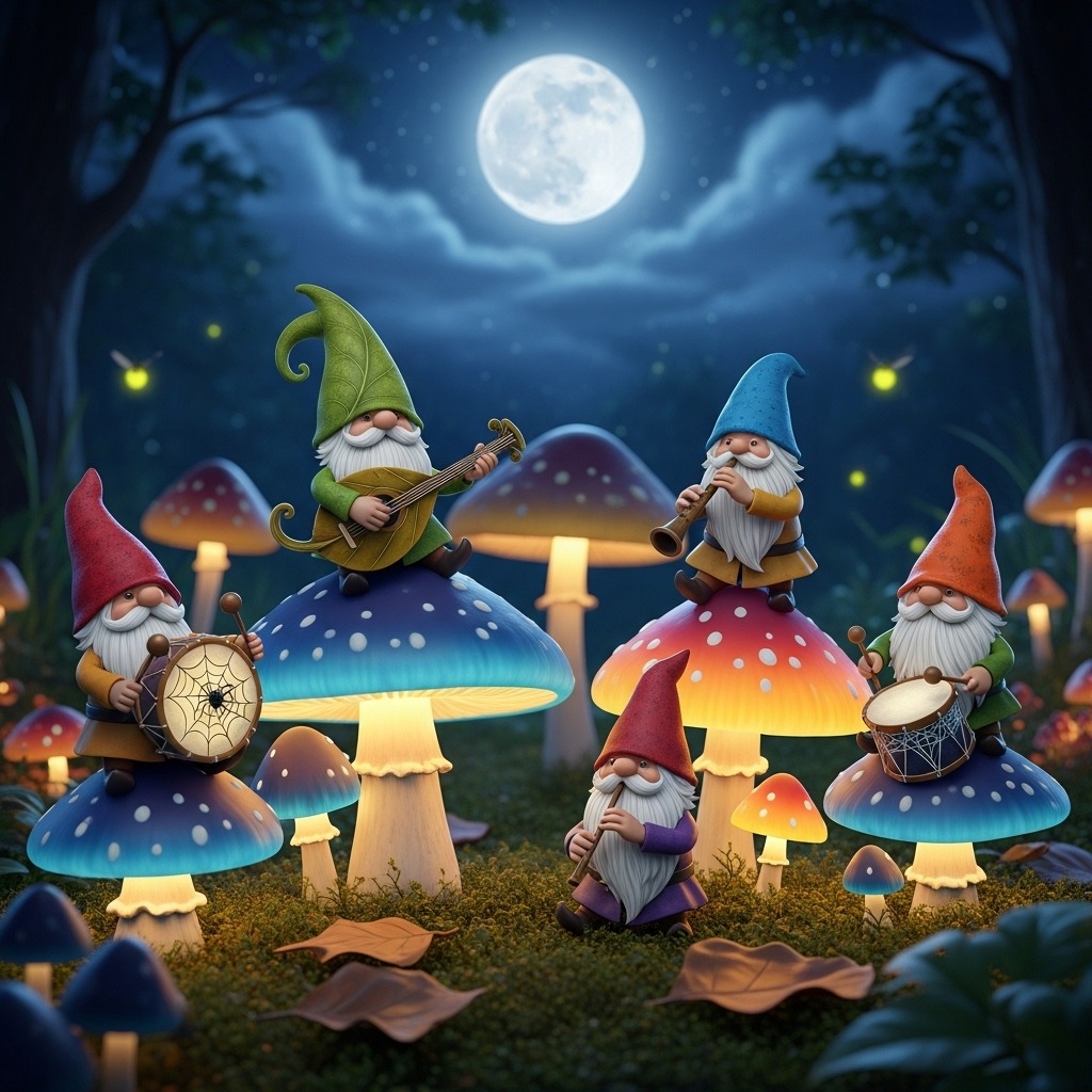Four gnomes with pointed hats playing instruments on glowing mushrooms under moonlight in a magical forest setting