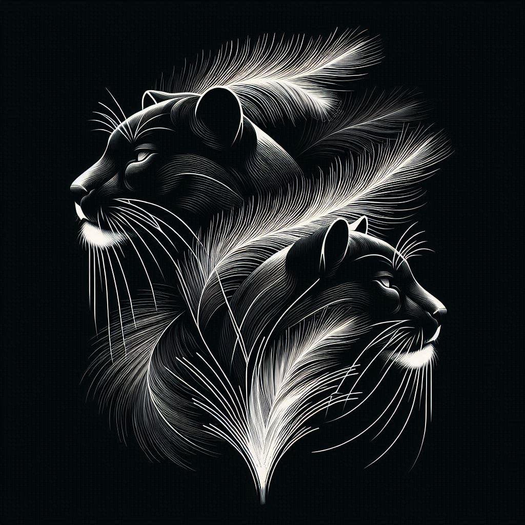 Two stylized lion heads in profile with flowing white manes on black background