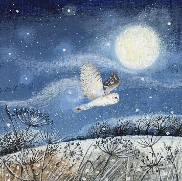 White owl flying over a snowy field under a bright full moon at night