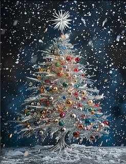 Illuminated Christmas tree with star topper and colorful ornaments in snowfall at night
