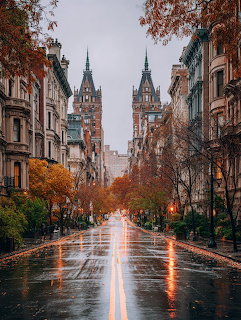 Rainy autumn street with orange foliage, brownstone buildings, and twin cathedral spires in distance