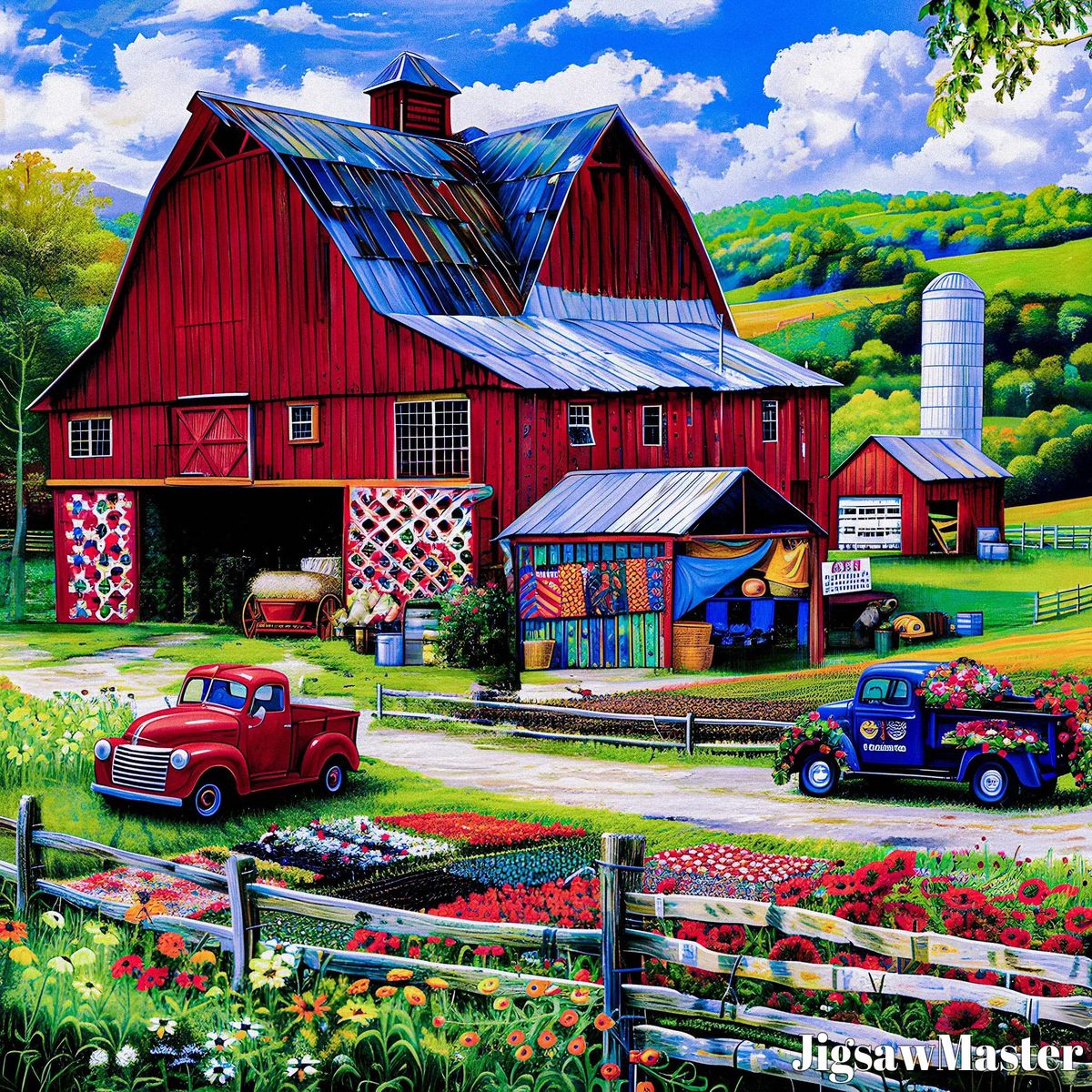 Red barn farm with quilts, vintage trucks, and pastoral landscape