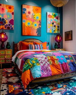 Colorful bedroom with abstract art, teal walls, patchwork quilt, and hanging pendant lights