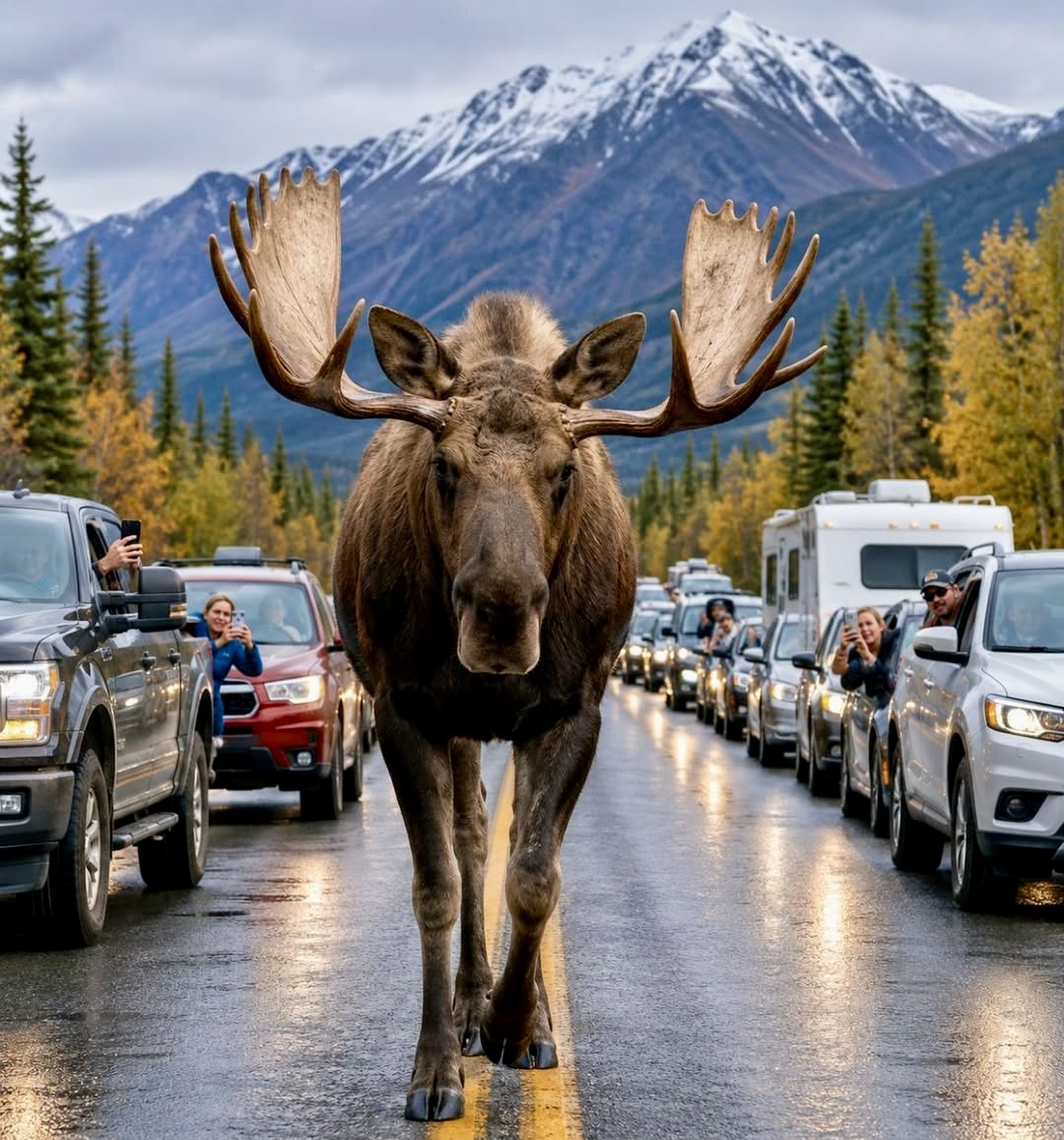 Bull moose with large antlers standing in Alaskan wilderness with mountains behind.