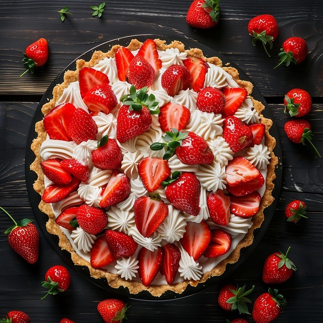 Overhead view of a strawberry tart with whipped cream and fresh strawberries on a dark table