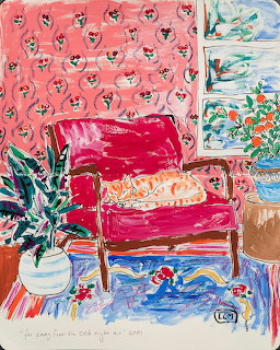 Colorful painted interior scene with red chair, orange cat on rug, plants, and patterned walls