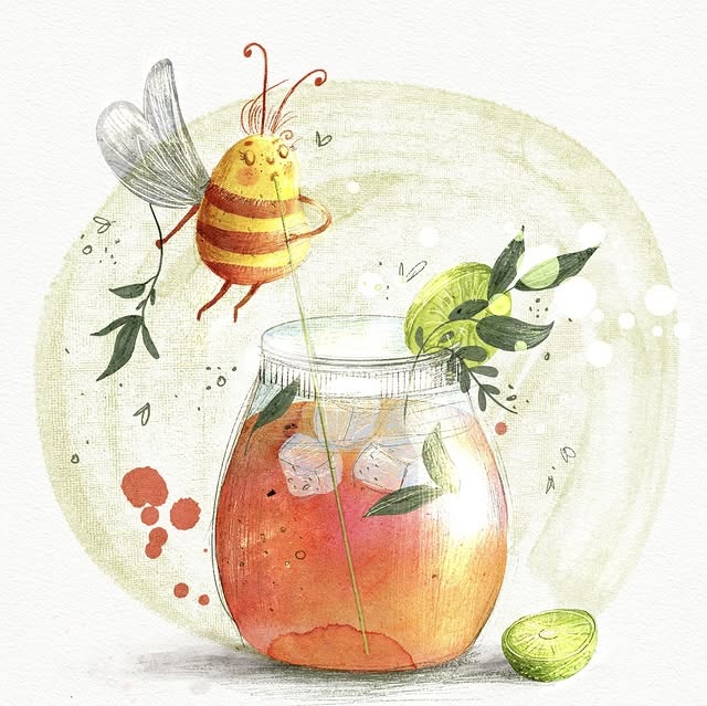 Watercolor illustration of a cute cartoon bee flying near a glass jar with honey drink and lime