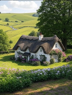 White thatched cottage with pink flowers in lush green valley landscape
