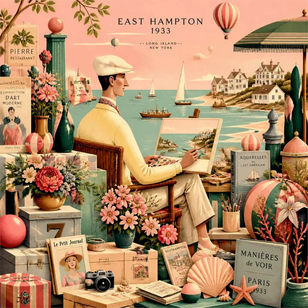 Vintage illustration of artist painting East Hampton harbor scene with flowers and travel items in warm peachy tones