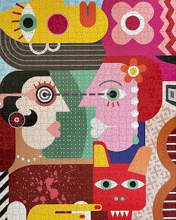 Colorful abstract cubist illustration with stylized human faces and geometric shapes