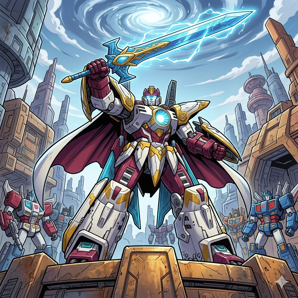 Illustrated giant mecha warrior with glowing sword standing in a futuristic city street