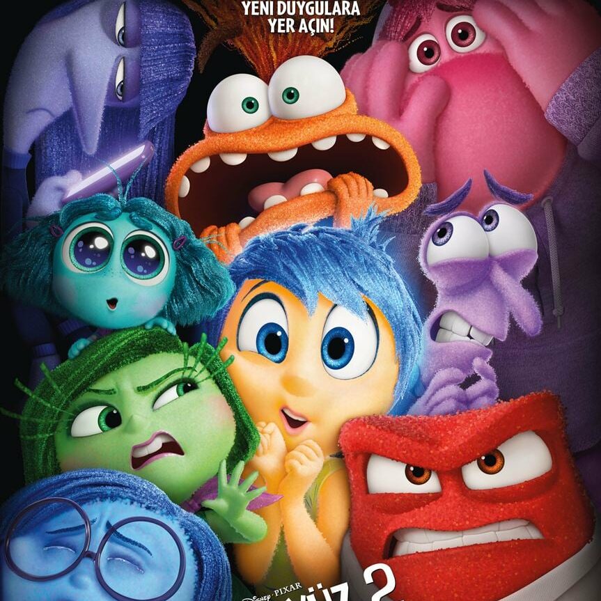 Colorful animated emotion characters from Inside Out 2 movie poster with Joy in center surrounded by other emotions