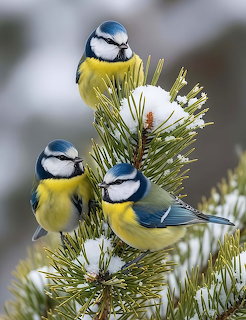 Blue Tits on Snowy Pine