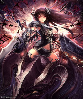 Anime warrior woman in dark armor with glowing sword amid cosmic energy and flowing hair