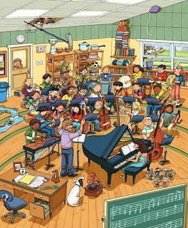 Cartoon illustration of a busy school band class with many children playing instruments and a teacher conducting
