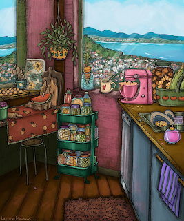 Illustrated kitchen with pink walls, vintage furniture, potted plants, and ocean view through windows