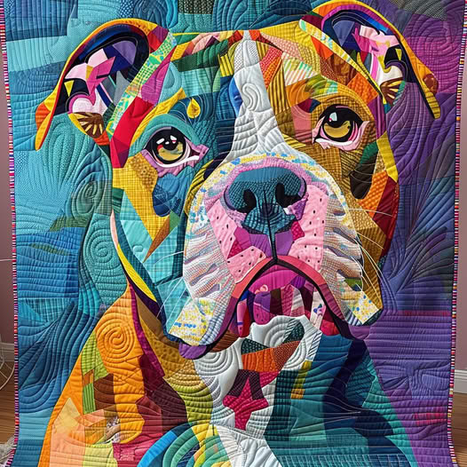 Vibrant patchwork quilt art depicting a pit bull dog face in colorful fabric pieces