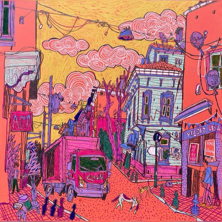 Vivid illustrated city street scene with buildings, cars, people and pink decorative clouds in warm sunset colors