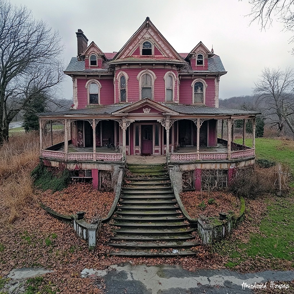 Old pink Victorian house with a wraparound porch and worn steps in a leaf-covered yard
