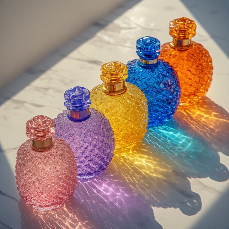 Five colorful textured glass perfume bottles with ornate stoppers casting shadows on white surface