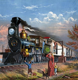 Historic steam locomotive at station platform with passengers in Victorian-era clothing waiting beside the train