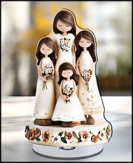 Four sister doll figurines in white dresses on a decorated cake stand