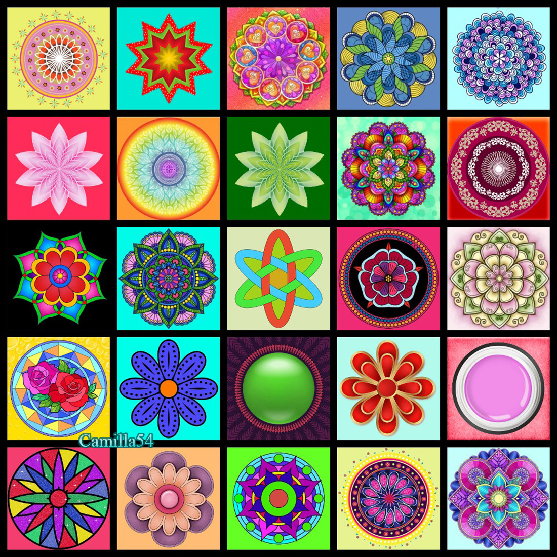 Grid of 25 colorful mandala patterns with geometric and floral designs in varied bright colors