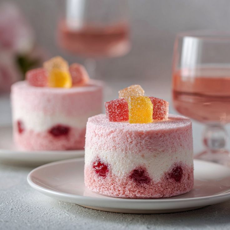 Two pink mini cakes with jelly candy toppings on white plates