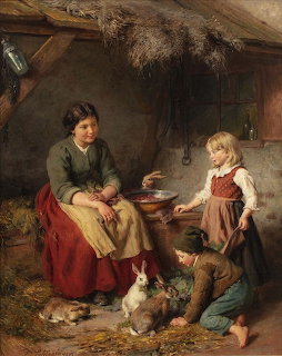 Woman seated with child and chickens in rustic cottage interior, classical oil painting style
