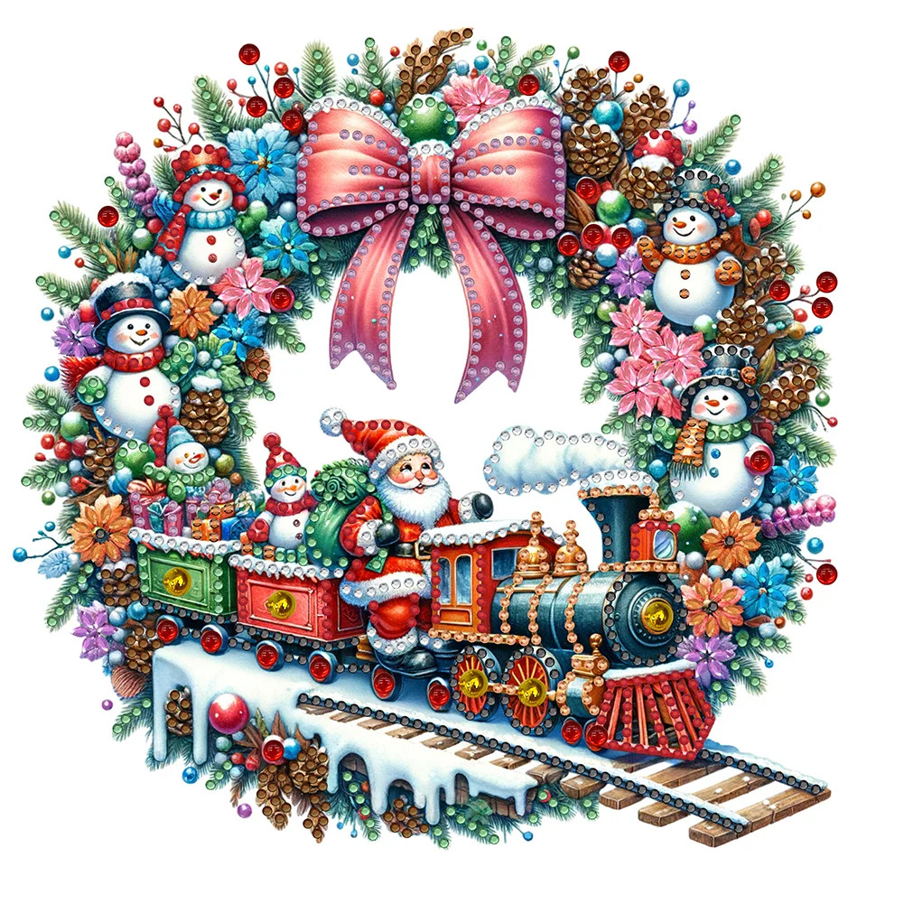 Christmas wreath with toy train, snowmen, Santa, pine branches, pink bow and ornaments