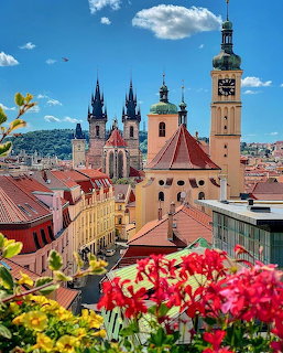 Prague city skyline with church spires, red rooftops, and red flowers in foreground