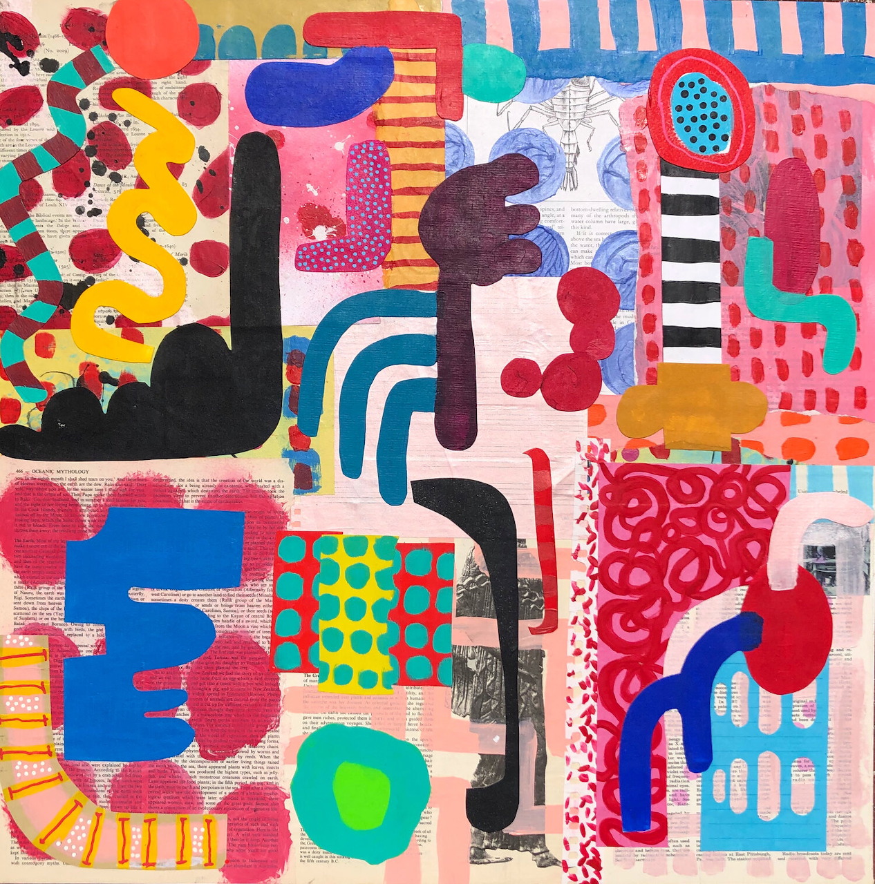 Vibrant abstract painting with colorful geometric shapes, dots, stripes and organic patterns in red, blue, yellow and pink