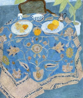 Painting of a table with blue patterned tablecloth, plates of fruit, teacup, and silver pitcher