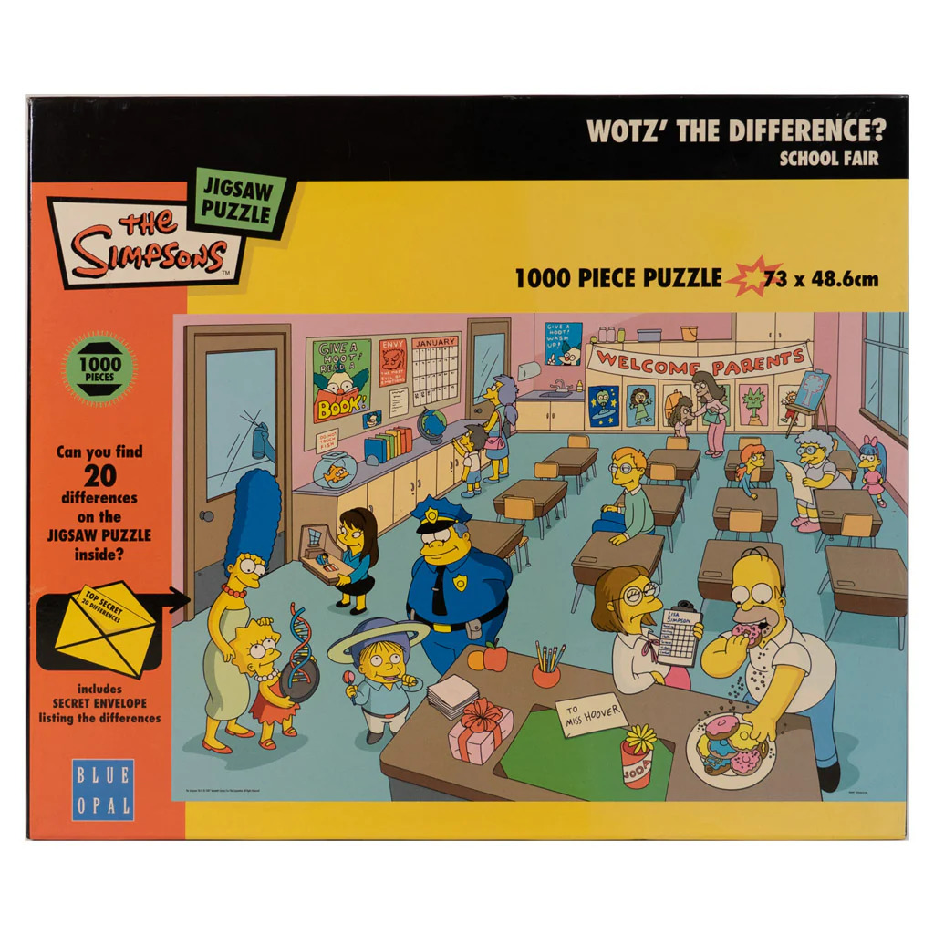 Simpsons characters at a school fair with game booths and vendors
