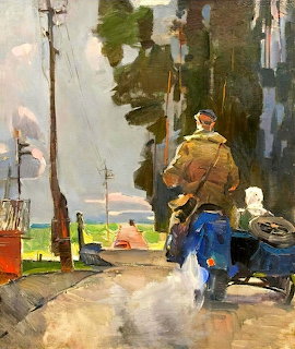 Painting of a man next to a blue motorcycle on a tree-lined rural road