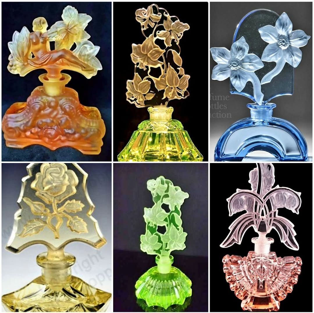Six colorful vintage glass perfume bottles with ornate floral stoppers displayed in grid layout