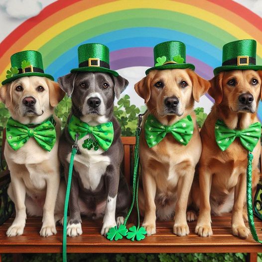 Four dogs in green leprechaun hats and bow ties with rainbow background