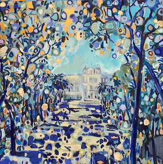 Impressionist painting of tree-lined Mediterranean promenade with building in bright dappled light