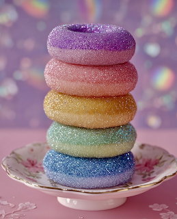 Five rainbow-colored sugar donuts stacked on pink plate with bokeh background