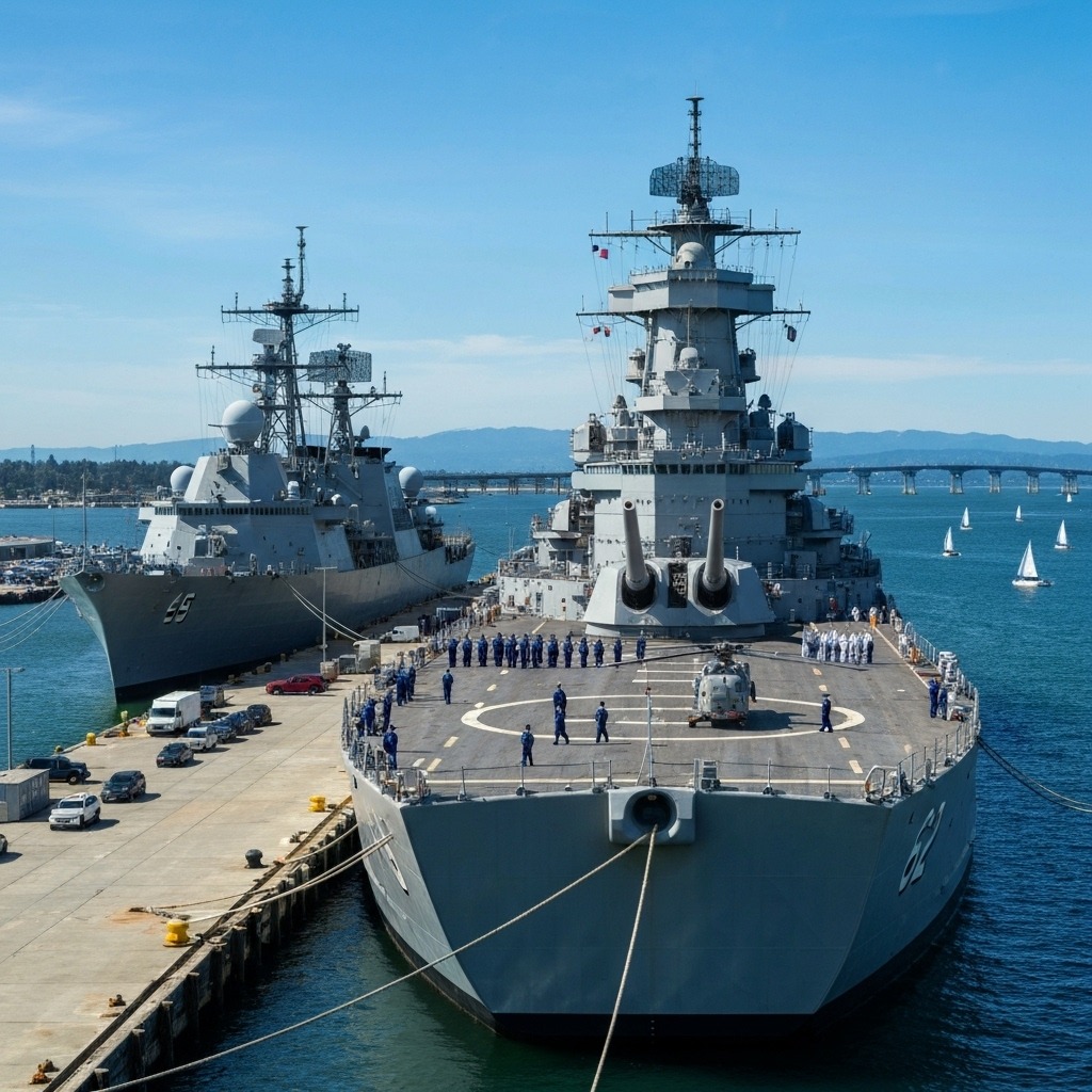 USS New Jersey battleship moored at dock with another warship, small sailboats in harbor background