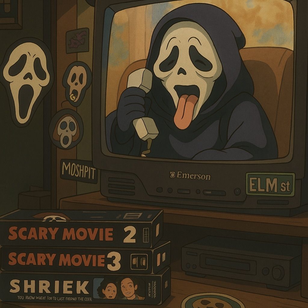 Illustrated Ghostface on a TV screen with horror movie tapes and a mask poster nearby