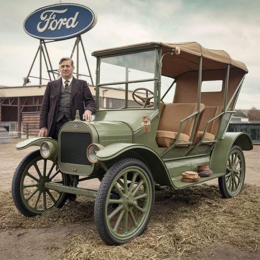 Man standing beside a vintage Ford car outdoors under a large Ford sign