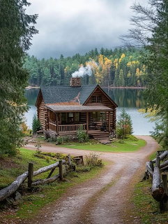 Log cabin by a lake with fall foliage and mountains