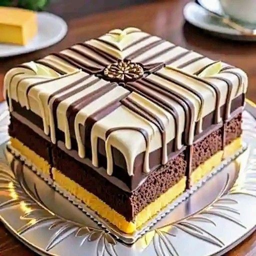 Square chocolate layer cake with white icing drizzle on a decorative plate
